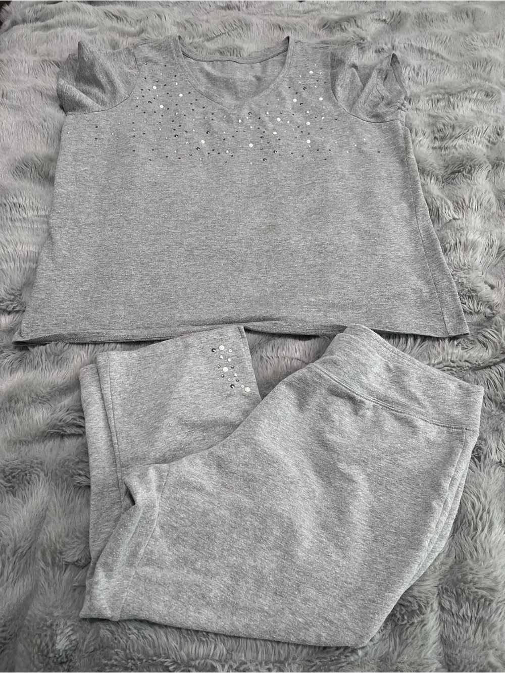 2 piece Cotton blend gray casual set with jeweled accents